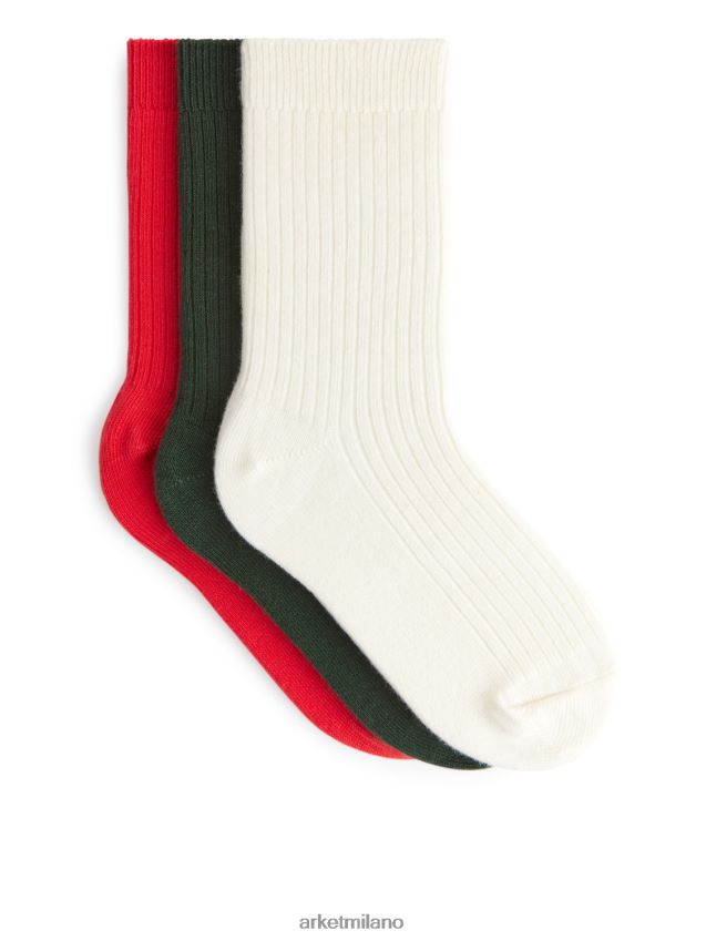 vestiario esso ARKET bambini calzini a coste, 3 paia bianco sporco/rosso/verde 6F0F6L1598