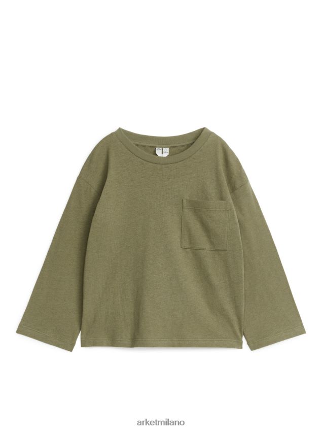 vestiario esso ARKET bambini T-shirt a maniche lunghe in misto lino verde kaki 6F0F6L1483