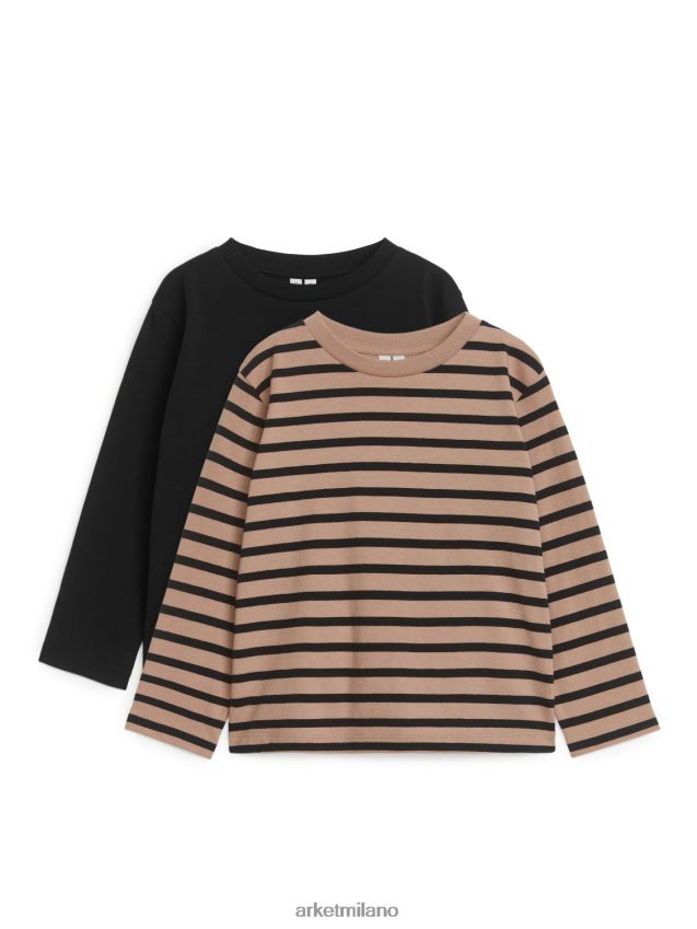 vestiario esso ARKET bambini set di 2 magliette a maniche lunghe strisce nere/beige 6F0F6L1520