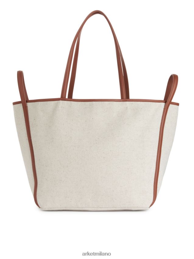 borse esso ARKET unisex borsa tote in tela con dettagli in pelle bianco sporco/cognac 6F0F6L750