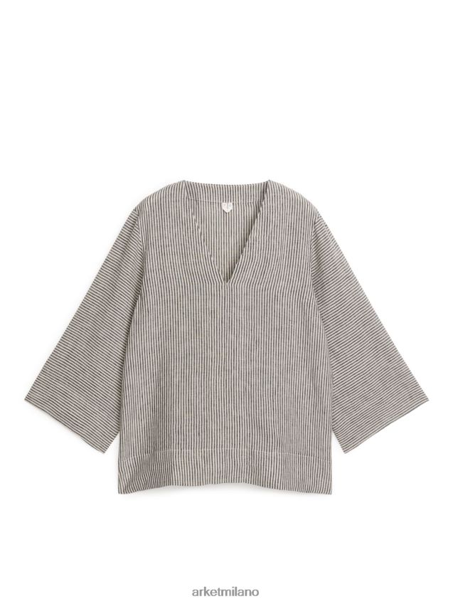 vestiario esso ARKET donne camicia di lino pop-over bianco sporco/nero 6F0F6L62